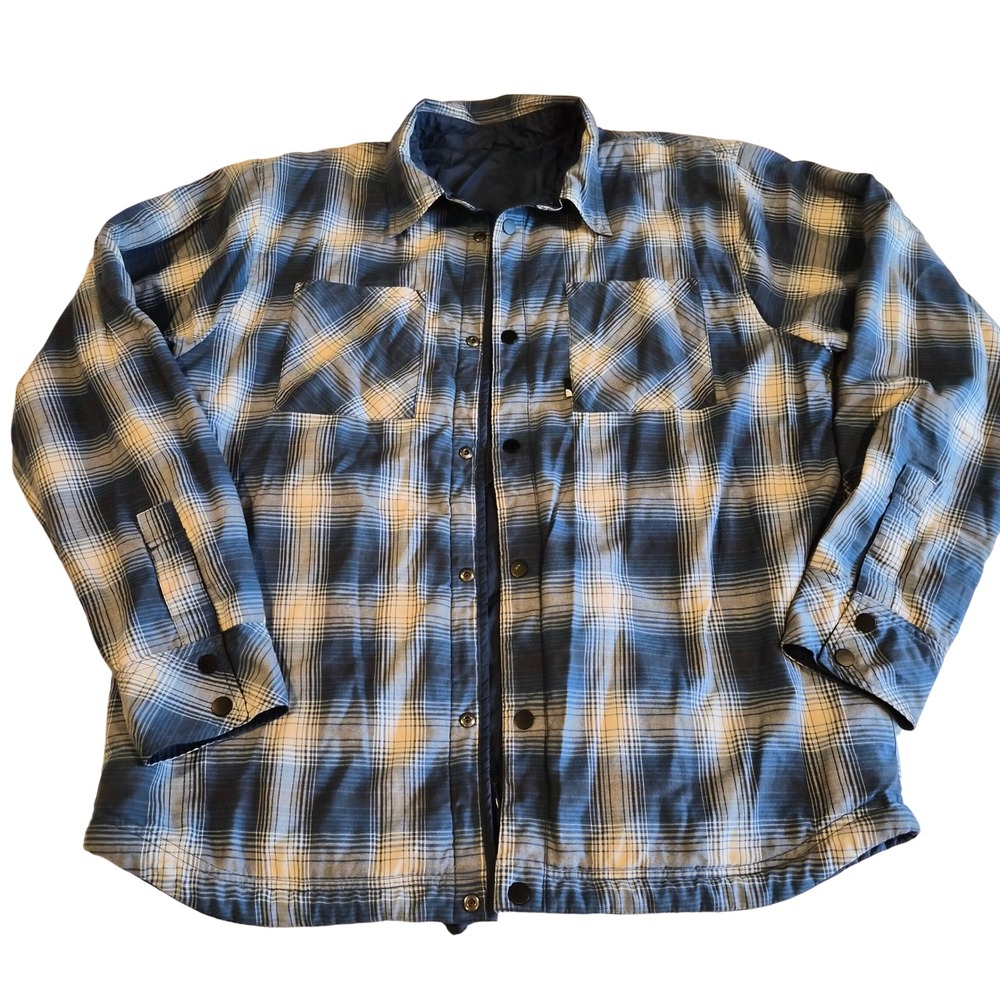 The North Face Mens Reversible Plaid Flannel Quilted Nylon Shirt Jacket Blue L